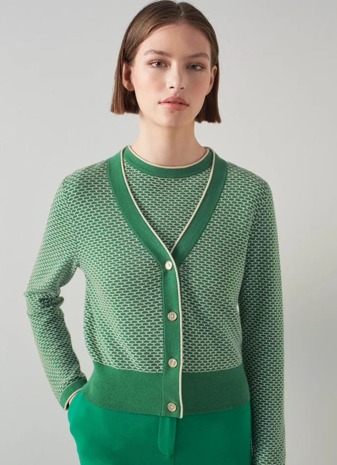 Women Knitwear LKBennett Honey Green And Cream CottonMerino Waffle Knit Cardigan Fern Green Cream