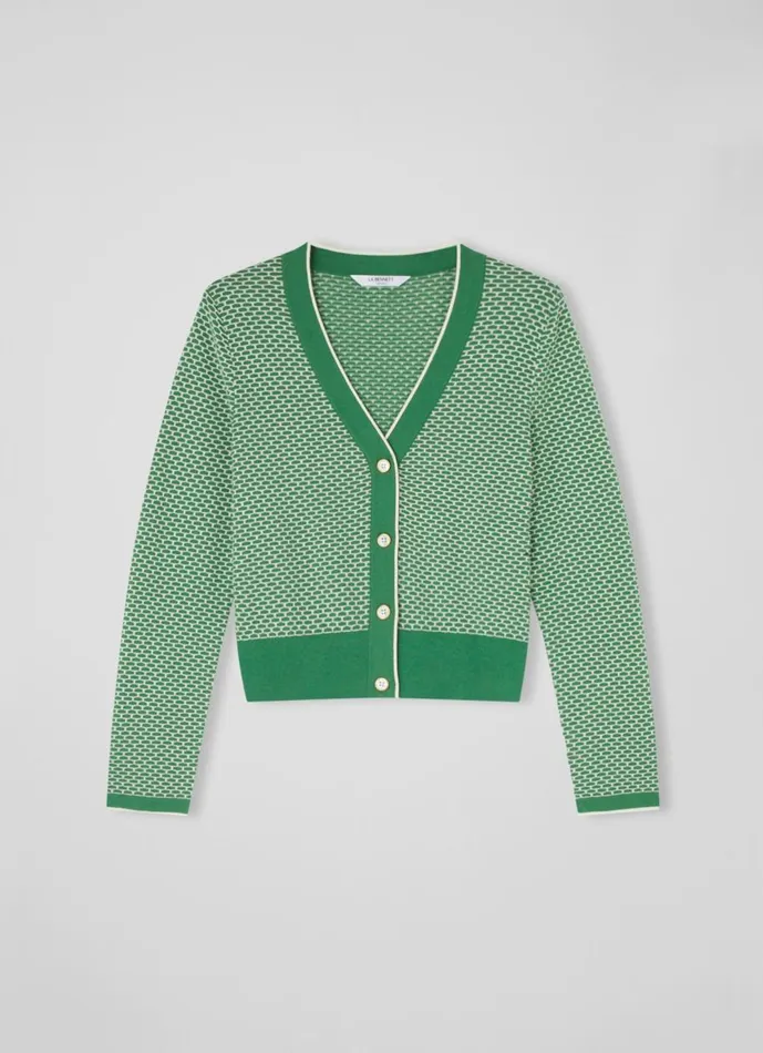 Women Knitwear LKBennett Honey Green And Cream CottonMerino Waffle Knit Cardigan Fern Green Cream
