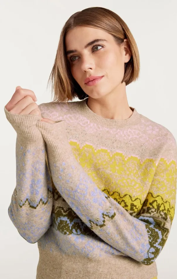 Women Lace Fair Isle Pullover Oatmealmulti Cinq Sept Sweaters and Knits
