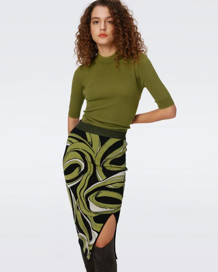 Women Lyla Knit Jacquard Skirt Huge Cassette Tape Shadow Green DVF Skirts