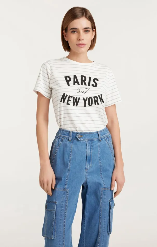 Women Melange Stripe Paris New York Tee Ivoryheathergrey Cinq Sept Tees