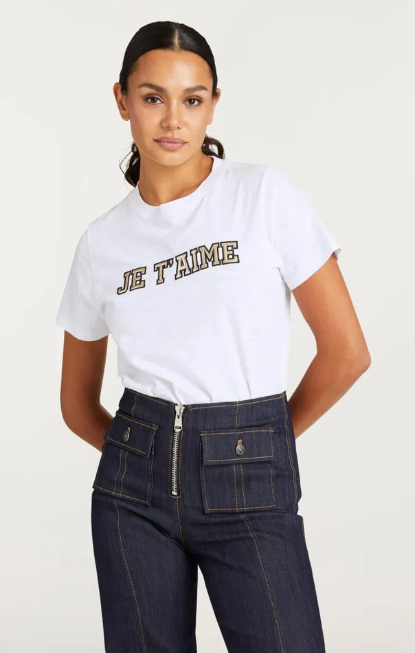 Women Metallic Leather Je T039aime Tee Whitegold Cinq Sept Tees