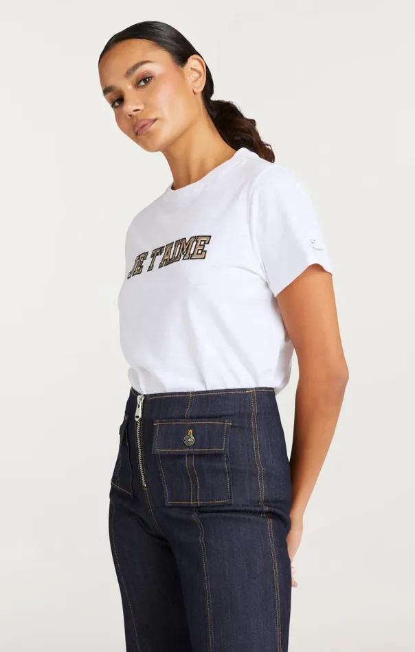 Women Metallic Leather Je T039aime Tee Whitegold Cinq Sept Tees