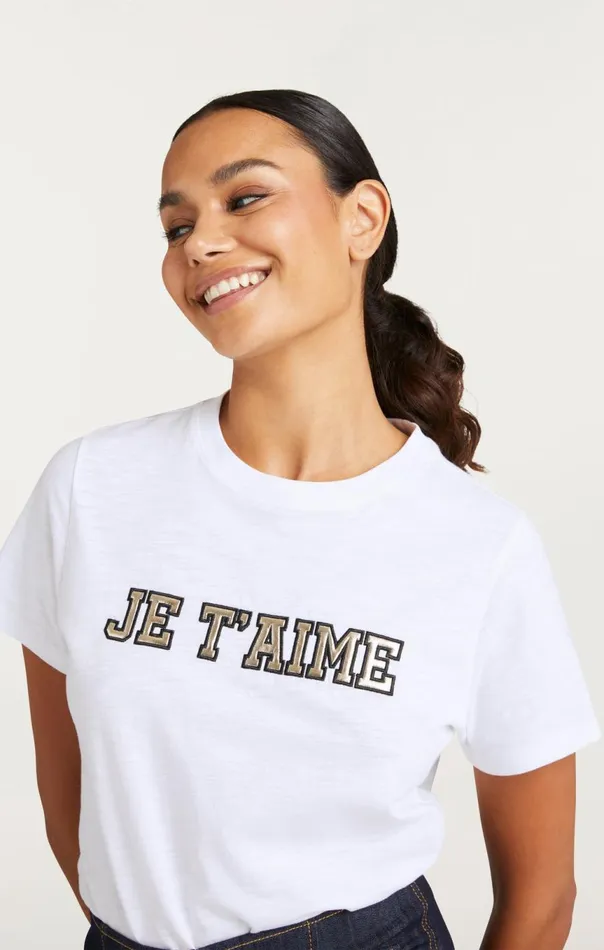 Women Metallic Leather Je T039aime Tee Whitegold Cinq Sept Tees