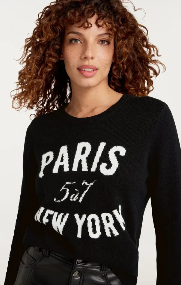 Women Paris New York Graphic Crewneck Pullover Blackivory Cinq Sept Sweaters and Knits