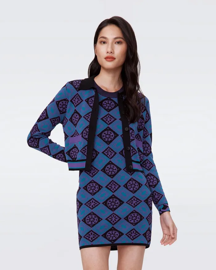 Women Petey Knit Jacquard Cardigan Paper Cut Geo Blue DVF Sweaters and Knits