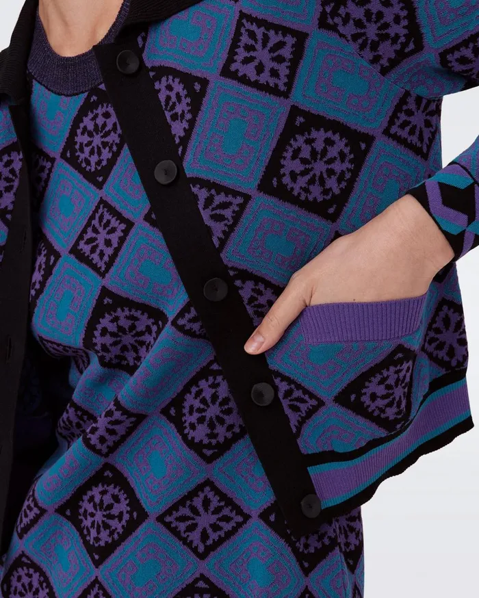 Women Petey Knit Jacquard Cardigan Paper Cut Geo Blue DVF Sweaters and Knits