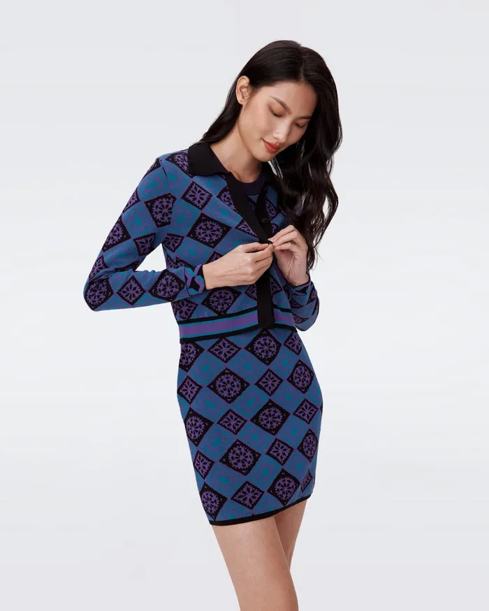 Women Petey Knit Jacquard Cardigan Paper Cut Geo Blue DVF Sweaters and Knits