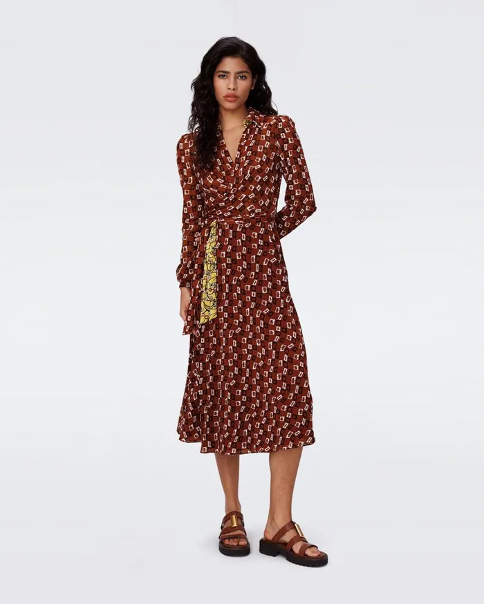 Women Phoenix Reversible Mesh Wrap Dress Olive Swirl Yellow And Tiny Chain Spots Brown DVF Dresses Women Phoenix Reversible Mesh Wrap Dress Olive Swirl Yellow And Tiny Chain Spots Brown DVF Dresses