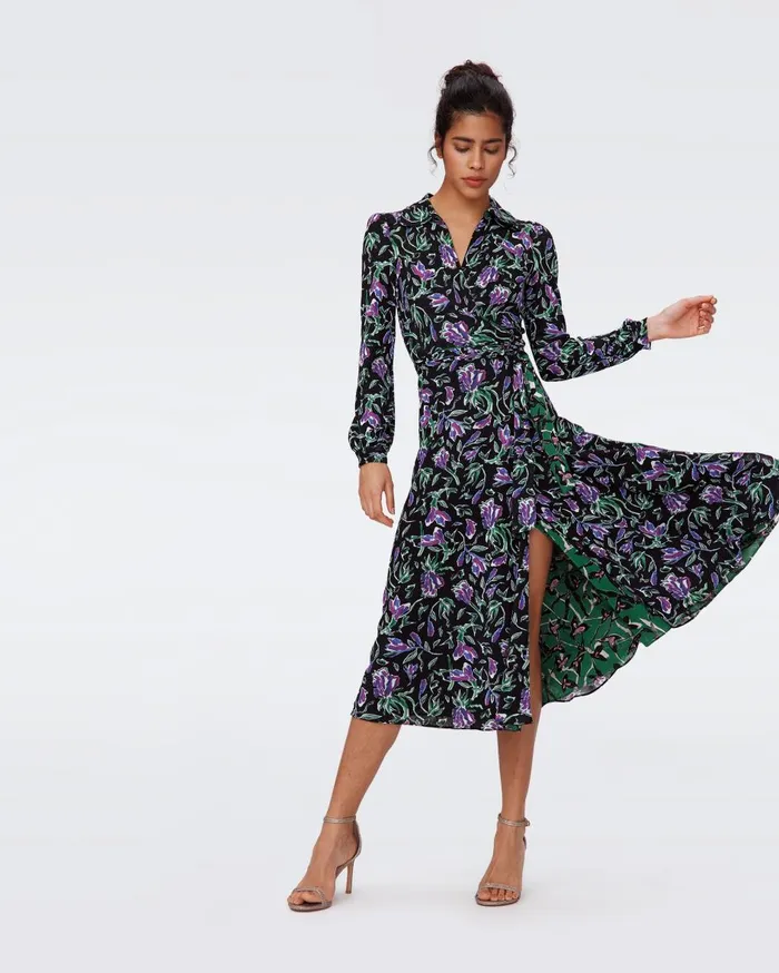 Women Phoenix Reversible Mesh Wrap Dress Tulip Fields Violet And Clover Twigs Green DVF Dresses Women Phoenix Reversible Mesh Wrap Dress Tulip Fields Violet And Clover Twigs Green DVF Dresses