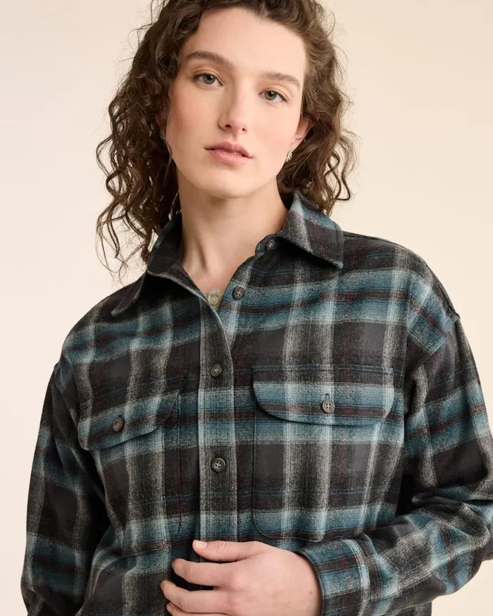 Women PLAID CROPPED SHIRT Grey Mixaqua Plaid Pendleton Shirts and Blouses