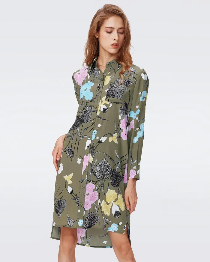 Women Prita Shirt Dress Festival Floral Olive DVF Dresses