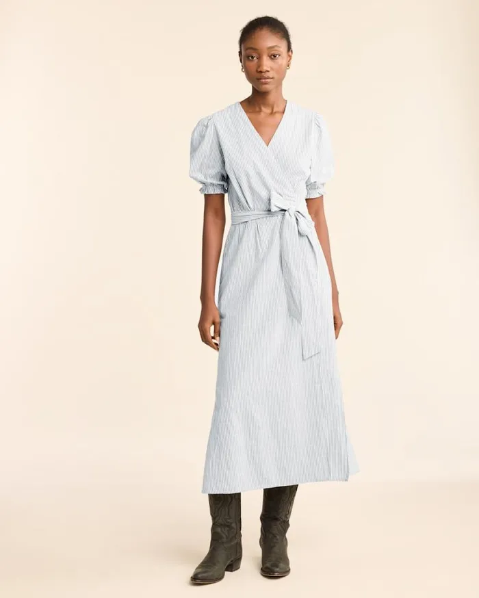 Women PUFFSLEEVE WRAP DRESS Vintage Indigowhite Pendleton Skirts and Dresses