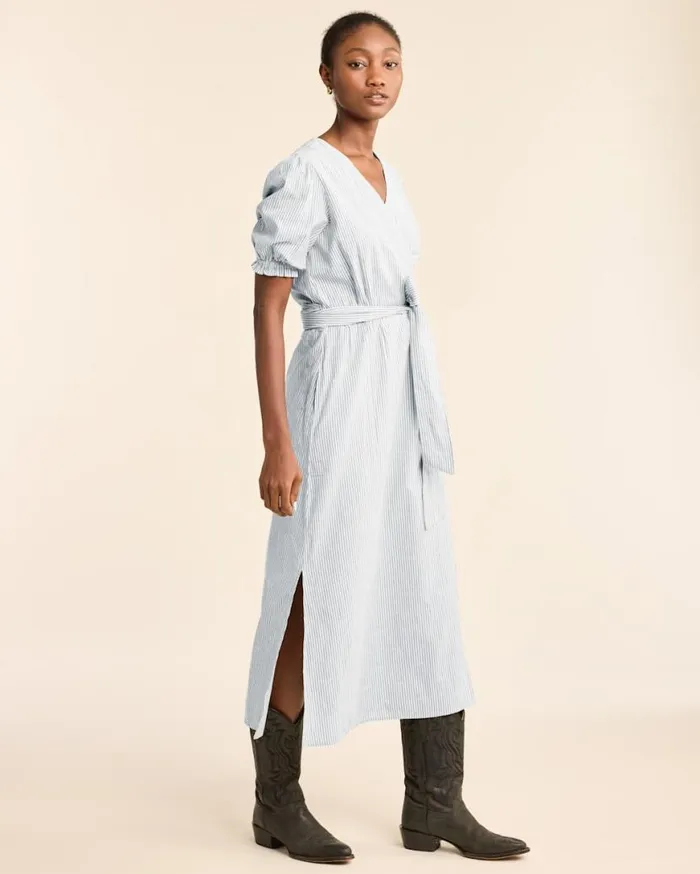 Women PUFFSLEEVE WRAP DRESS Vintage Indigowhite Pendleton Skirts and Dresses