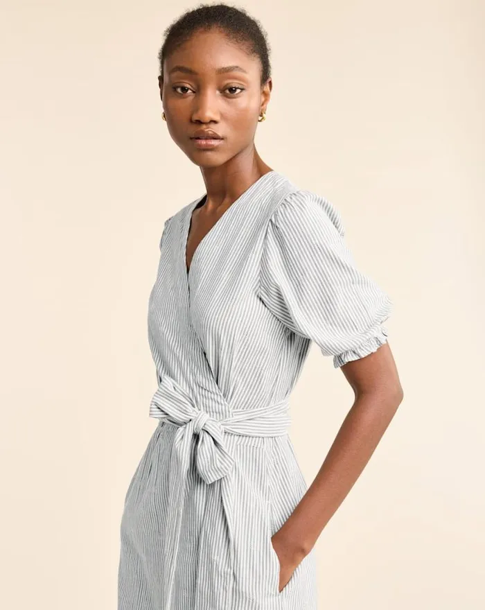 Women PUFFSLEEVE WRAP DRESS Vintage Indigowhite Pendleton Skirts and Dresses