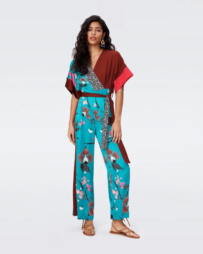 Women Rinna Jumpsuit Festvial Floral Teal And Chestnut DVF Jumpsuits and Rompers Women Rinna Jumpsuit Festvial Floral Teal And Chestnut DVF Jumpsuits and Rompers