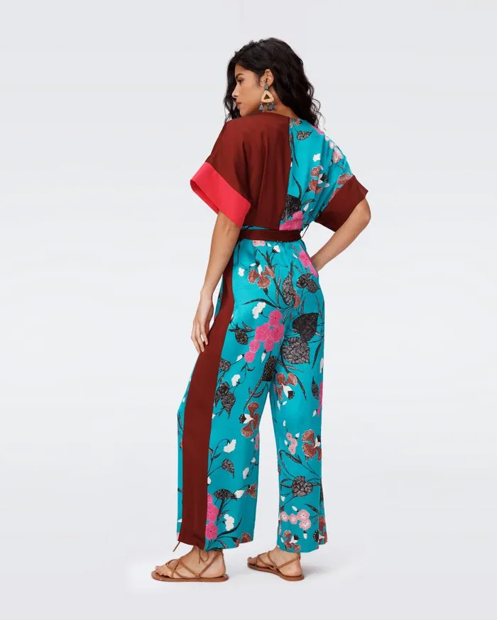 Women Rinna Jumpsuit Festvial Floral Teal And Chestnut DVF Jumpsuits and Rompers