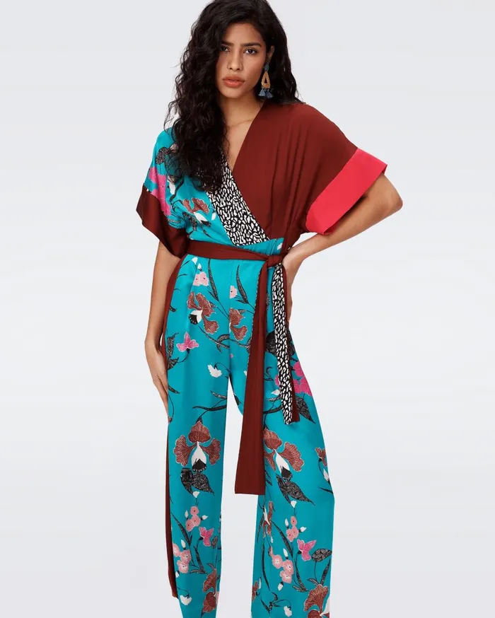 Women Rinna Jumpsuit Festvial Floral Teal And Chestnut DVF Jumpsuits and Rompers