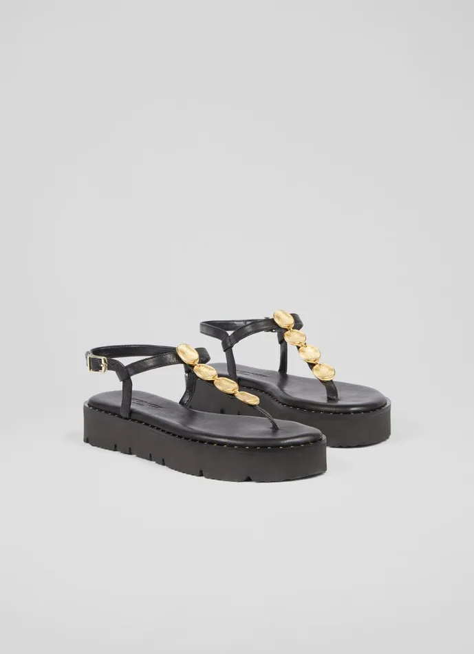 Women Sandals LKBennett Gaia Black Leather Gold Coin Sandals Black Women Sandals LKBennett Gaia Black Leather Gold Coin Sandals Black
