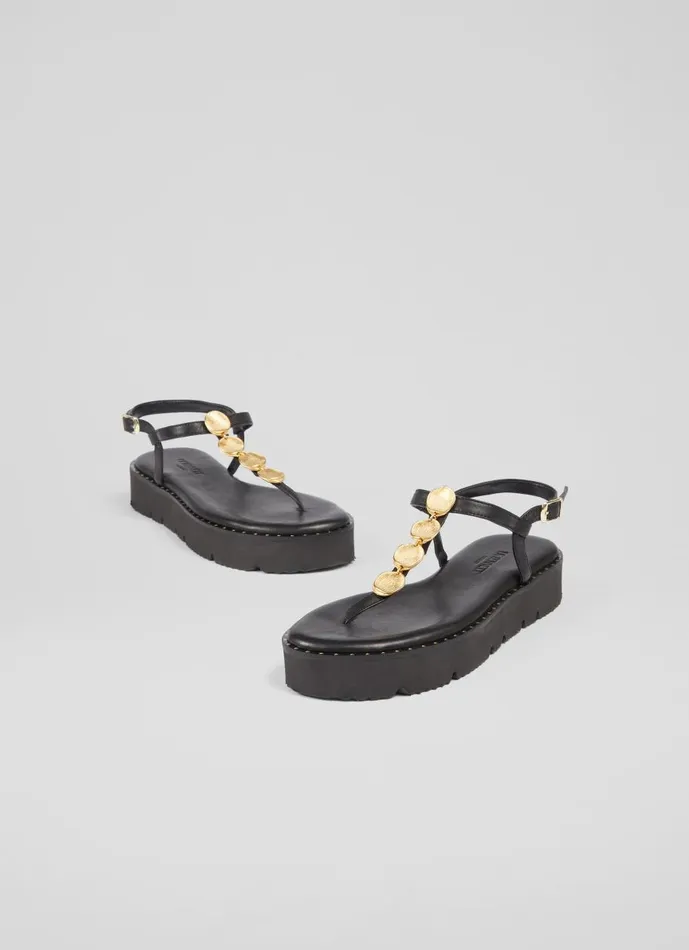 Women Sandals LKBennett Gaia Black Leather Gold Coin Sandals Black Women Sandals LKBennett Gaia Black Leather Gold Coin Sandals Black