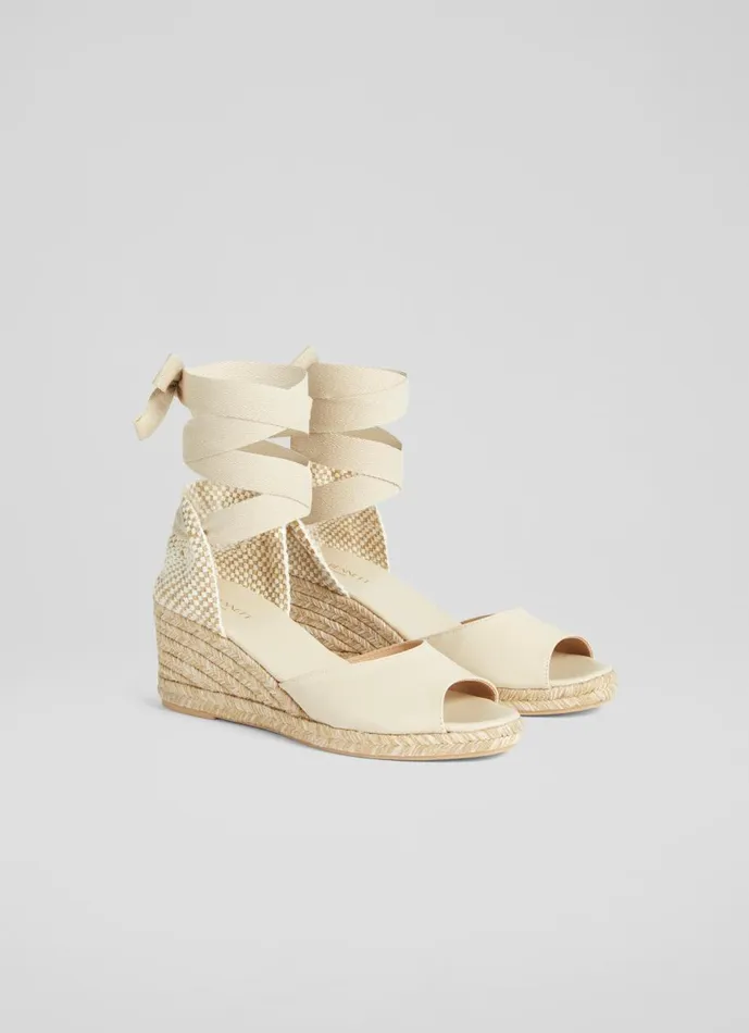 Women Sandals LKBennett Marianne Cream Leather Open Toe Espadrille Wedges Ecru