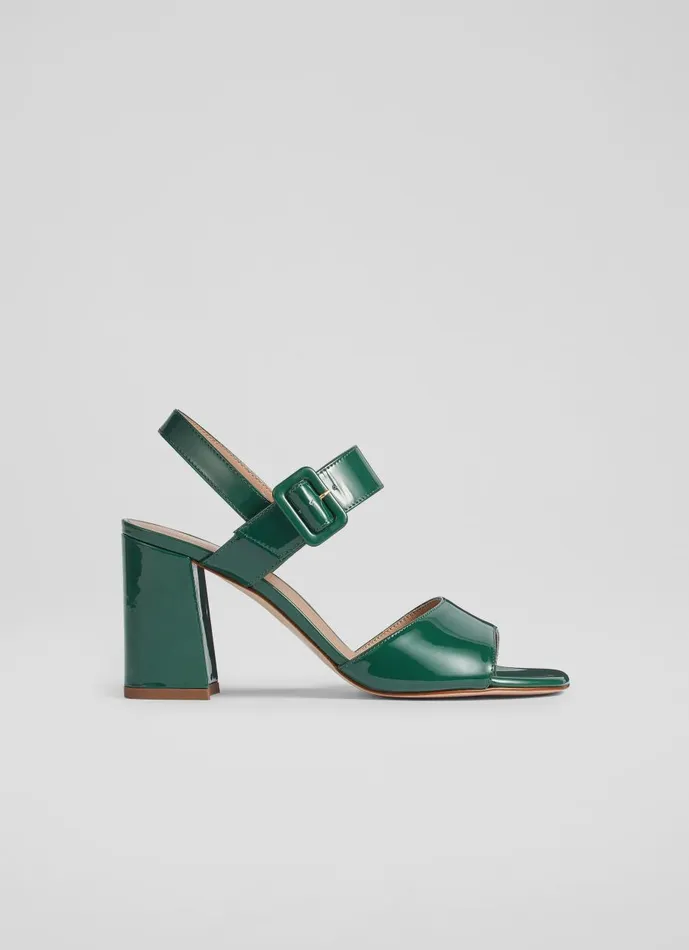 Women Sandals LKBennett Rae Green Patent Leather Large Buckle Sandals Evergreen