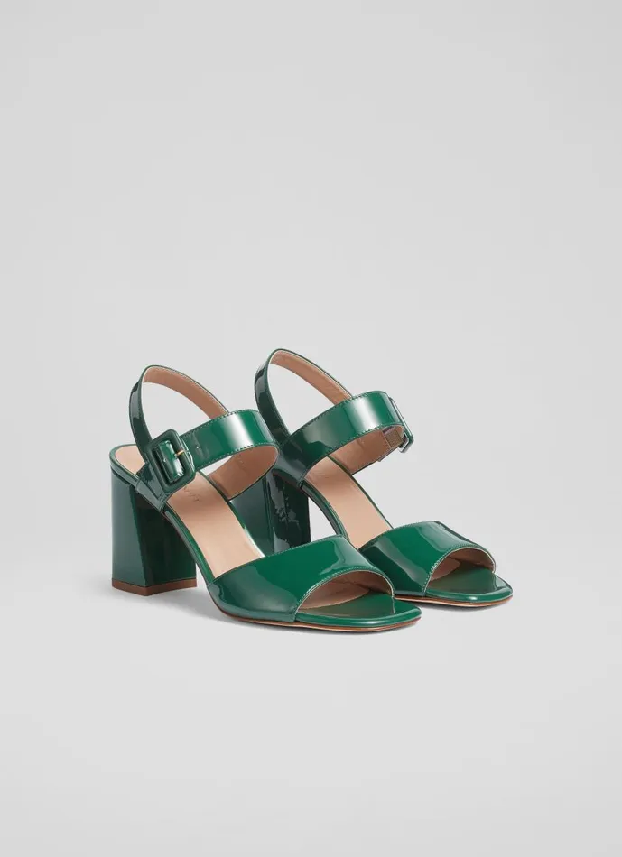 Women Sandals LKBennett Rae Green Patent Leather Large Buckle Sandals Evergreen