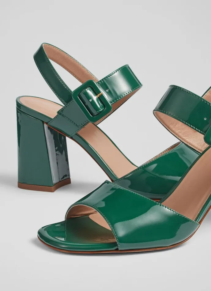 Women Sandals LKBennett Rae Green Patent Leather Large Buckle Sandals Evergreen