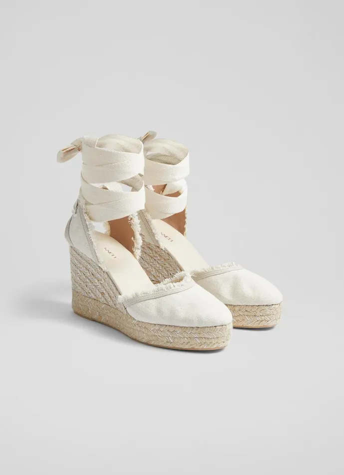 Women Sandals LKBennett Sofia Cream Canvas Espadrille Wedges Ecru