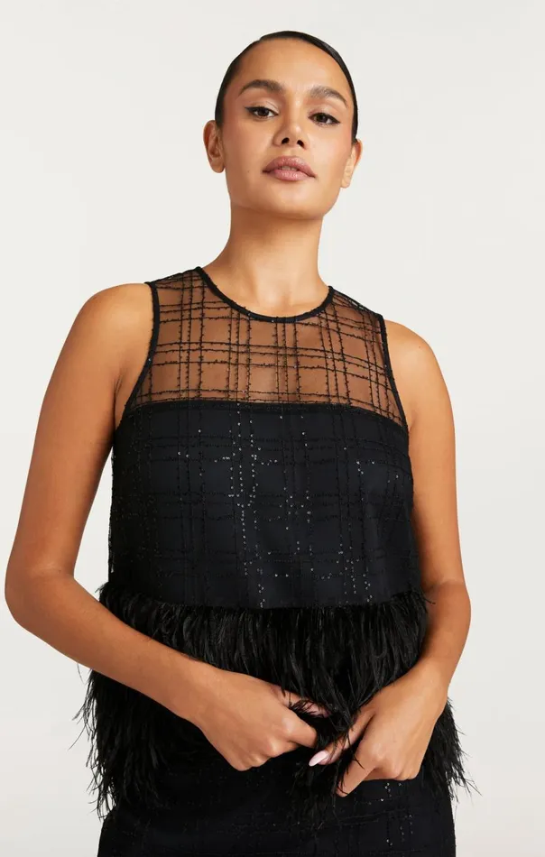 Women Sequin Plaid Charisse Top Black Cinq Sept Tank Tops and Camisoles