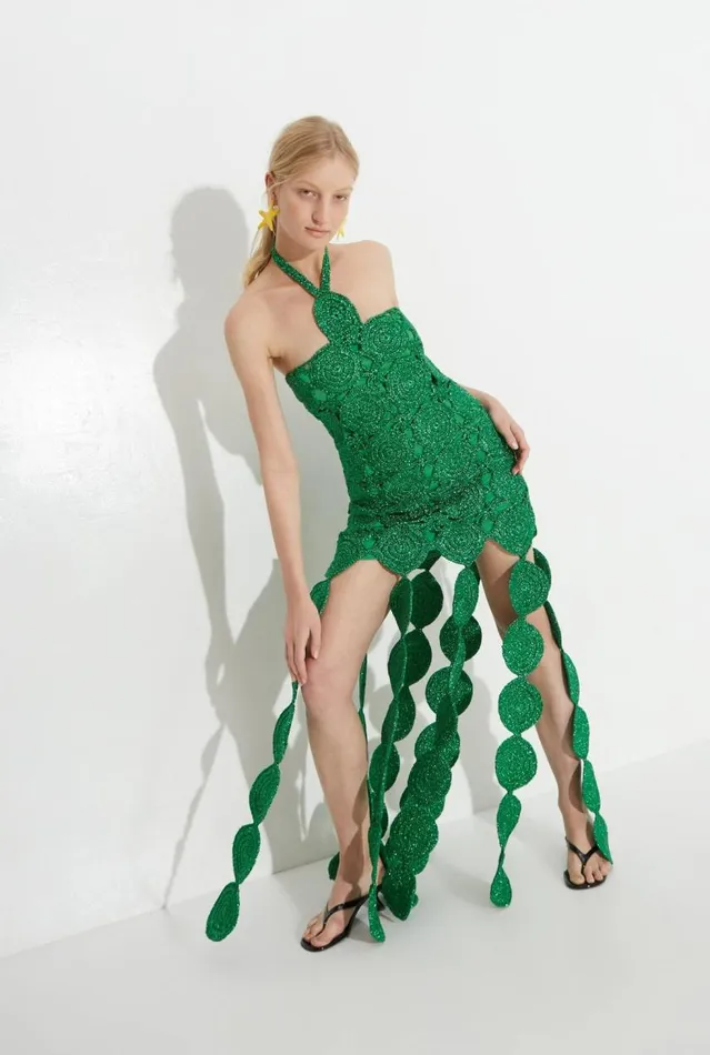 Women Simon Miller Dresses Beep Beep Dress In Gummy Green Hand Knit Lurex Crochet