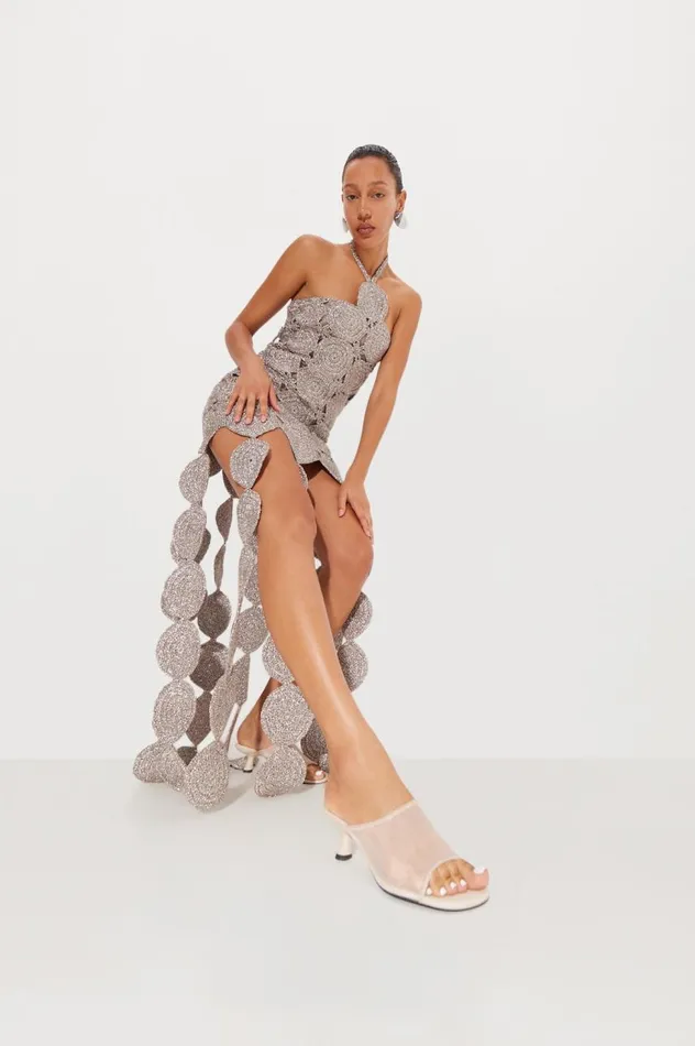 Women Simon Miller Dresses Beep Beep Dress In Satellite Silver Hand Knit Lurex Crochet Women Simon Miller Dresses Beep Beep Dress In Satellite Silver Hand Knit Lurex Crochet