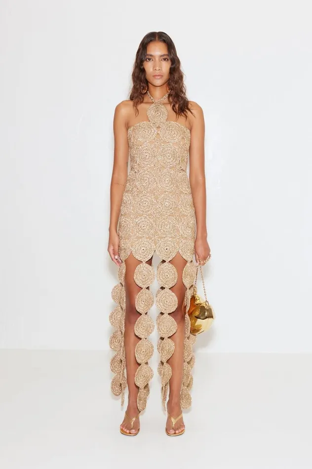 Women Simon Miller Dresses Beep Beep Dress In Star Gold Hand Knit Lurex Crochet