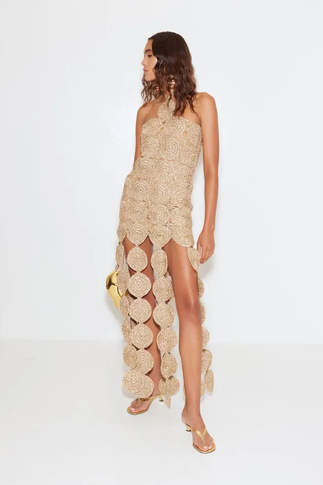 Women Simon Miller Dresses Beep Beep Dress In Star Gold Hand Knit Lurex Crochet