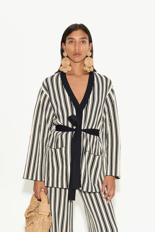 Women Simon Miller Knitwear Max Belted Knit Cardigan In BlackRice Flour Stripe Women Simon Miller Knitwear Max Belted Knit Cardigan In BlackRice Flour Stripe