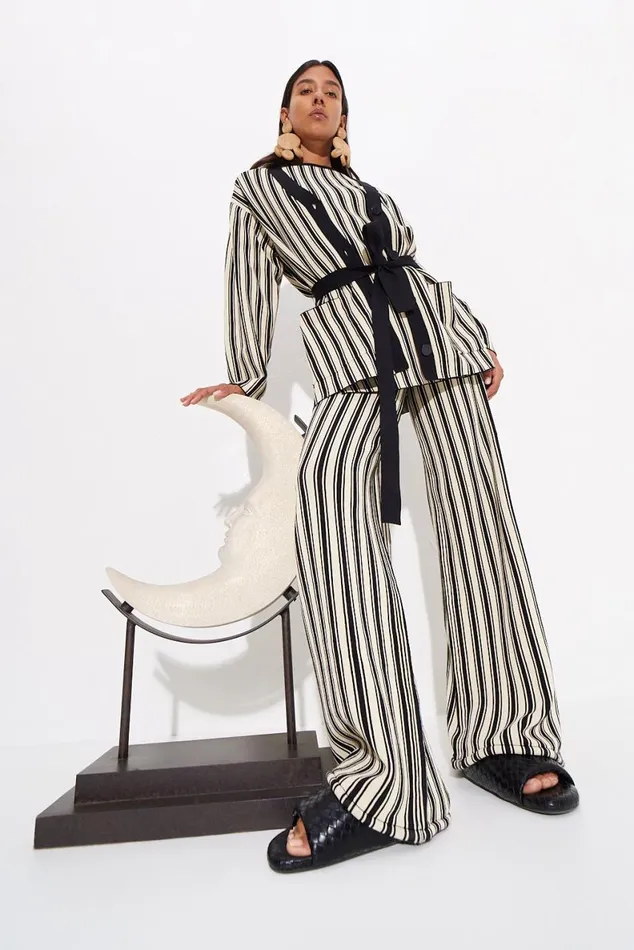 Women Simon Miller Knitwear Max Belted Knit Cardigan In BlackRice Flour Stripe Women Simon Miller Knitwear Max Belted Knit Cardigan In BlackRice Flour Stripe