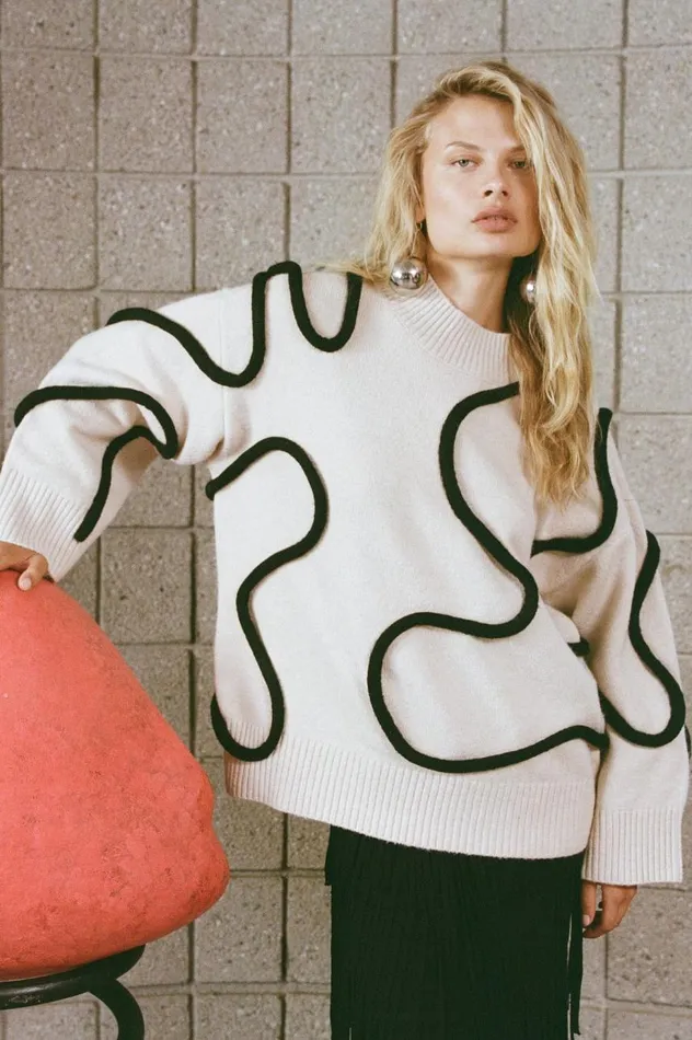 Women Simon Miller Knitwear Simon Miller Leith Squiggle Knit Sweater In CreamBlack Women Simon Miller Knitwear Simon Miller Leith Squiggle Knit Sweater In CreamBlack