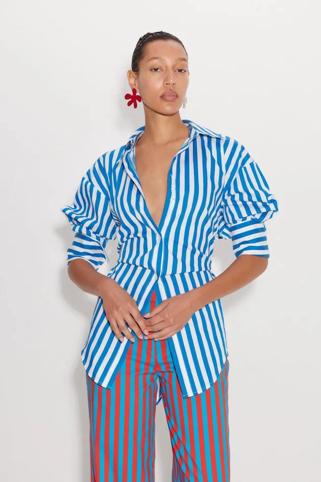 Women Simon Miller Sets Loch Striped Poplin Button Up In Blue Stripe Cotton