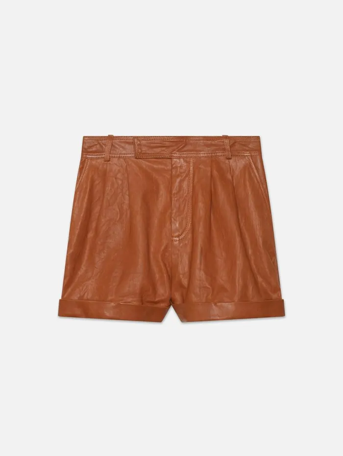 Women Skirts and Shorts FRAME Pleated Wide Cuff Leather Short 8212 Light Whiskey