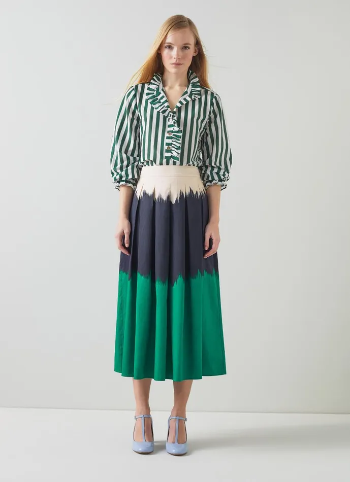 Women Skirts LKBennett Dora Green Navy And Cream Tie Dye Cotton Midi Skirt Multi