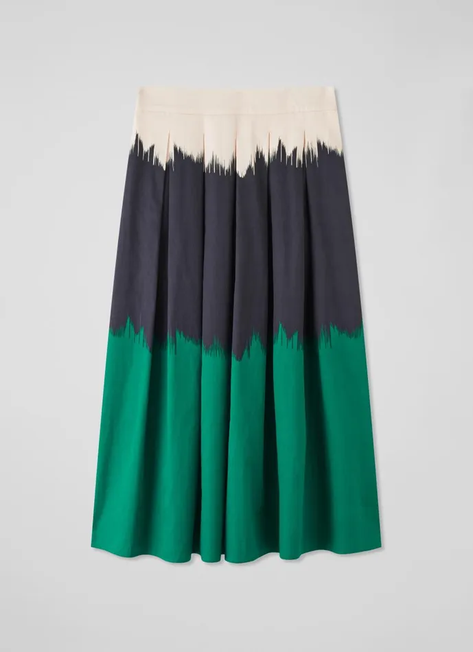 Women Skirts LKBennett Dora Green Navy And Cream Tie Dye Cotton Midi Skirt Multi