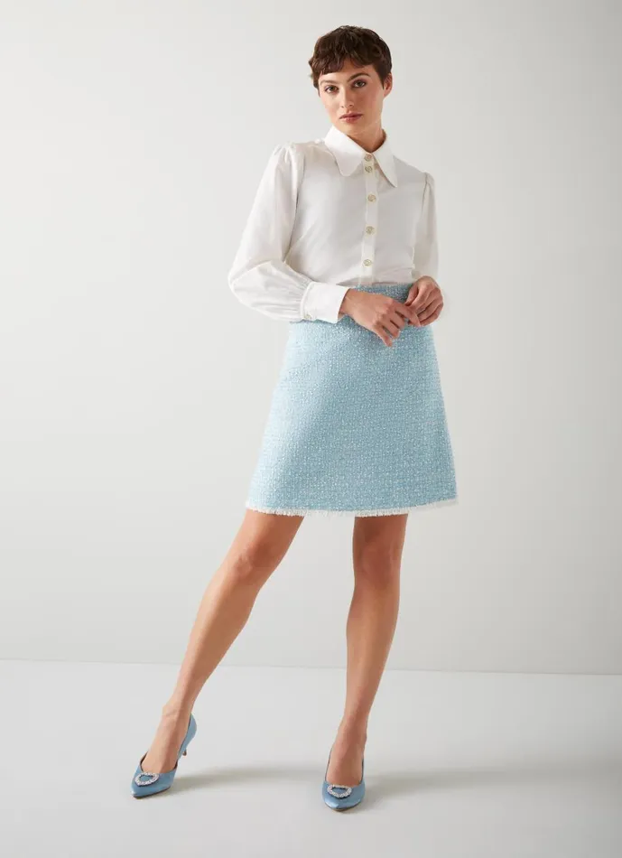 Women Skirts LKBennett Karis Blue Italian Recycled Cotton Blend Tweed Skirt Blue Cream