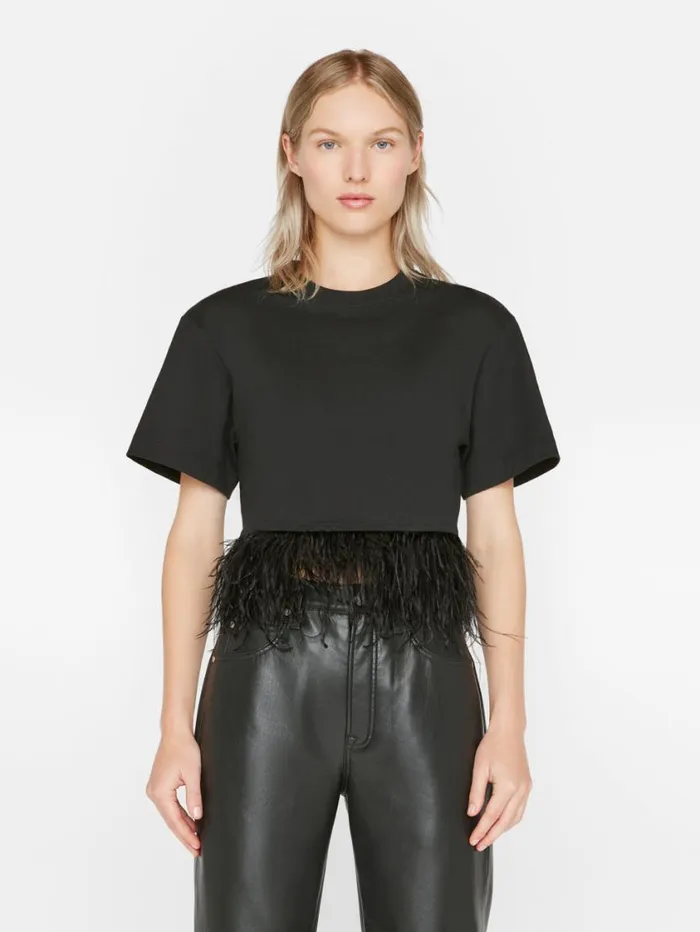 Women Tanks and Tees FRAME Cropped Feather Tee 8212 Noir Women Tanks and Tees FRAME Cropped Feather Tee 8212 Noir
