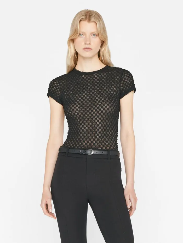 Women Tops and Blouses FRAME Mesh Lace Baby Tee 8212 Noir Women Tops and Blouses FRAME Mesh Lace Baby Tee 8212 Noir