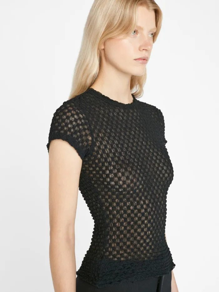 Women Tops and Blouses FRAME Mesh Lace Baby Tee 8212 Noir Women Tops and Blouses FRAME Mesh Lace Baby Tee 8212 Noir