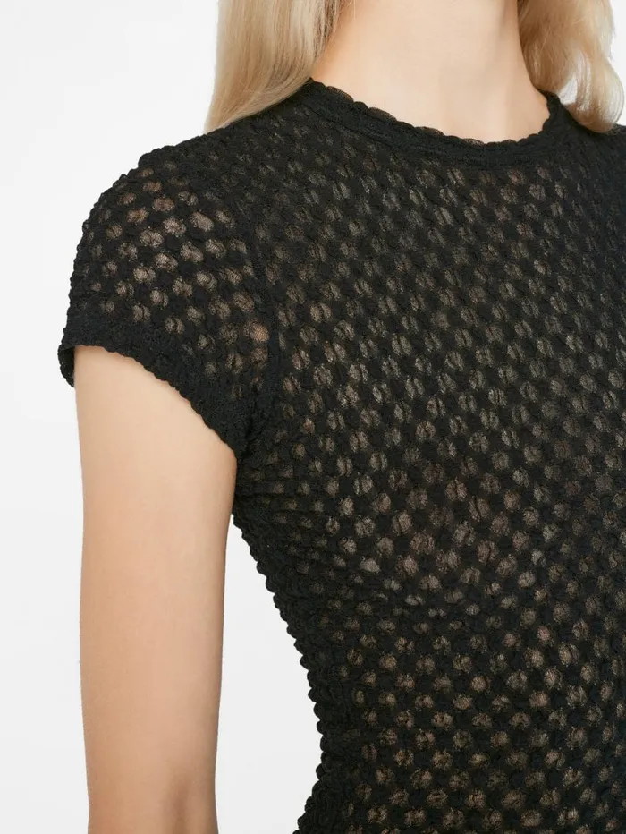 Women Tops and Blouses FRAME Mesh Lace Baby Tee 8212 Noir Women Tops and Blouses FRAME Mesh Lace Baby Tee 8212 Noir