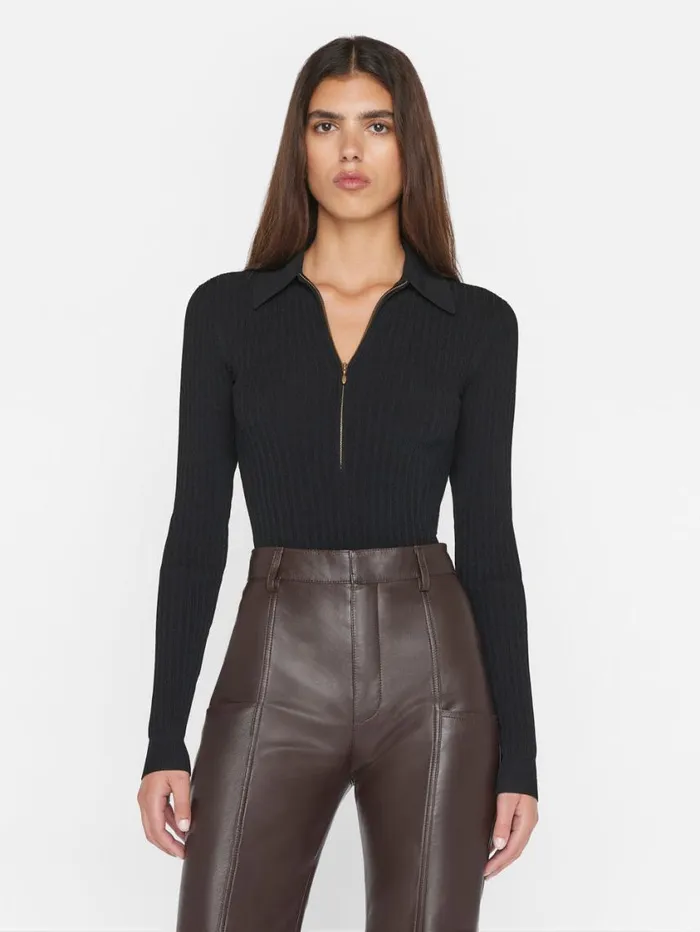 Women Tops and Blouses FRAME Rib Zipper Bodysuit 8212 Noir