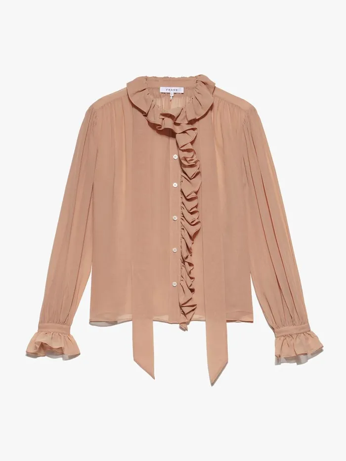 Women Tops and Blouses FRAME Ruffle Front Button Up Shirt 8212 Blush