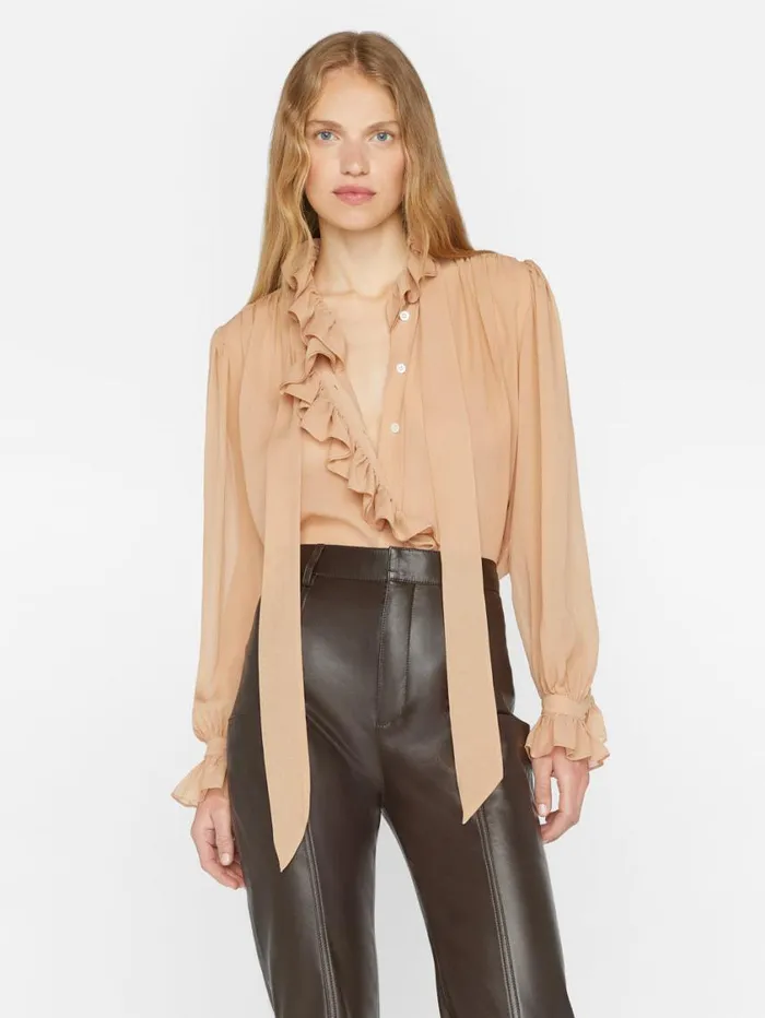 Women Tops and Blouses FRAME Ruffle Front Button Up Shirt 8212 Blush Women Tops and Blouses FRAME Ruffle Front Button Up Shirt 8212 Blush