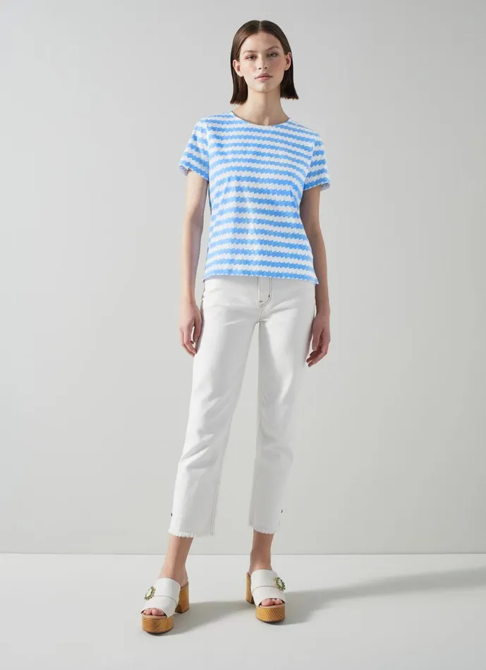 Women Tops LKBennett Calder Blue And White Wavy Stripe Organic Cotton TShirt White Provence